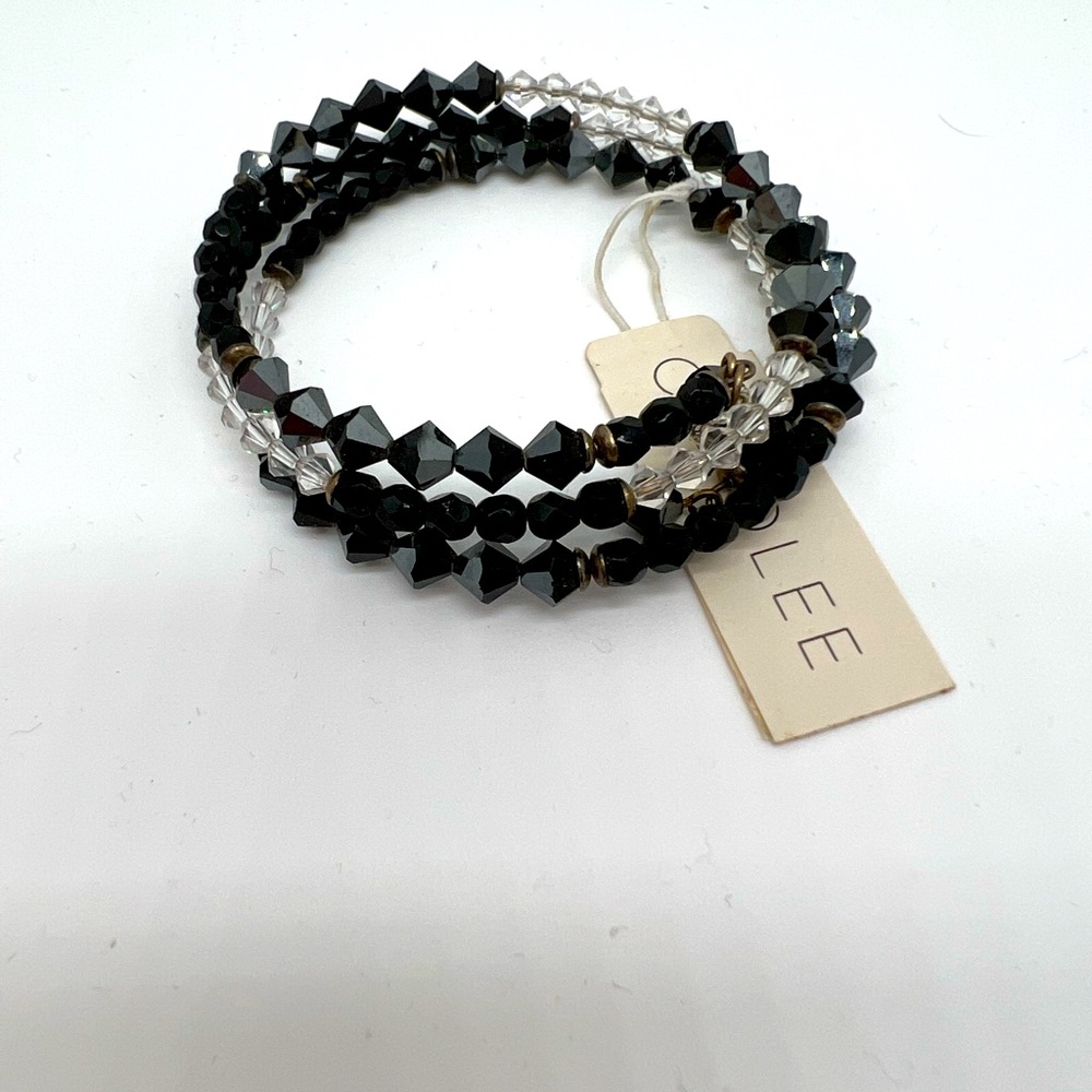 Vintage NWT Black & Clear Beaded Triple Wrap Bracelet
